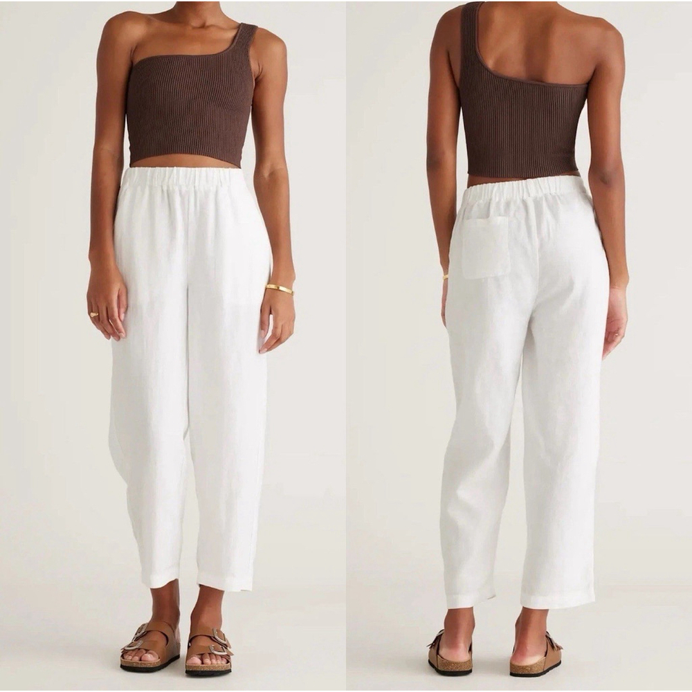 Quince White Cropped Linen-Blend Elastic Waist Pants